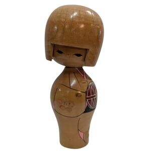Vintage Japanese Kokeshi Doll Light Wood Colored Hand Painted Holding Red Ball